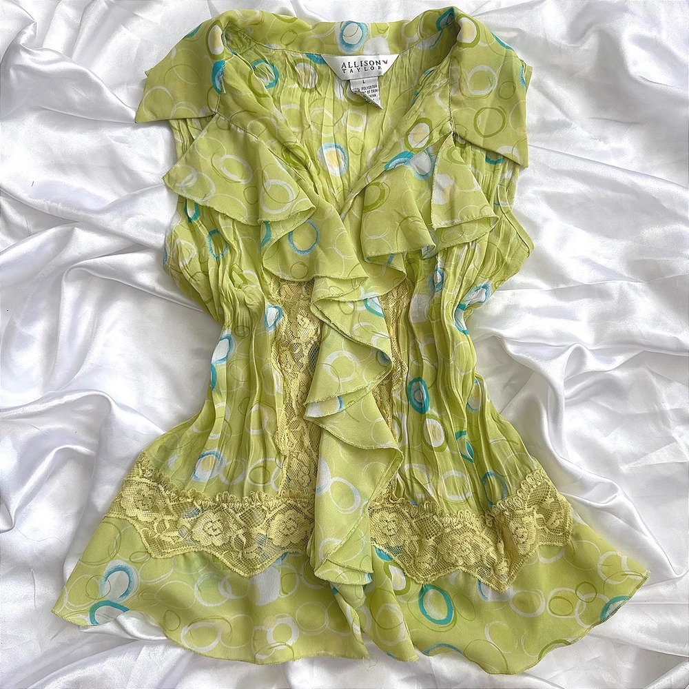 Allison Taylor Lime Green Circle Print Ruffle Lace Trim Sleeveless Blouse Large